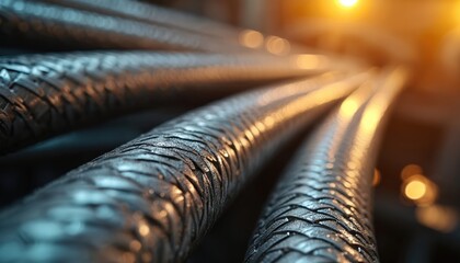 Flexible steel braided hoses arranged in parallel. Industrial plumbing components transmit fluids under pressure. Metal tubes connect machinery for secure liquid transport.