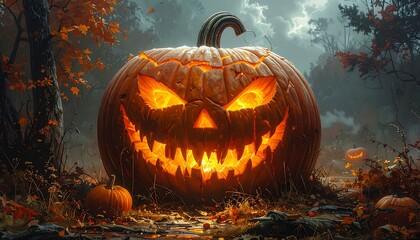 A large, luminous carved pumpkin glows amidst autumn foliage in a mysterious, shadowy forest setting