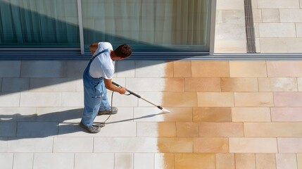 Overhead angle of a worker power washing a tiled patio, strong contrast between cleaned and uncleaned tiles forming a clear visual line, 