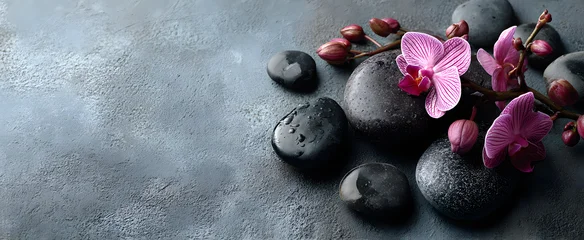 Sierkussen Spa Flat lay composition with spa stones, orchid pink flower on grey background.  © Daniel