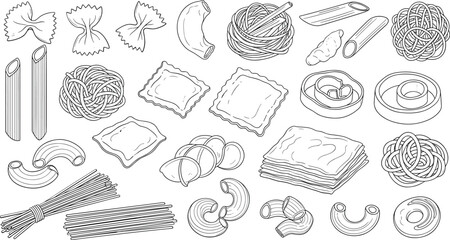 Variety of pasta shapes and kitchen utensils for cooking