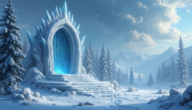 Ornate ice throne entrance sits in snowy forest clearing. Blue glowing portal invites passage through crystal archway adorned with sharp icicles. Mountains and pine trees form backdrop.