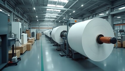 Large rolls of white paper sit in a modern manufacturing factory. Automated machines and equipment are visible within the industrial production plant. Boxes and logistics are also present.