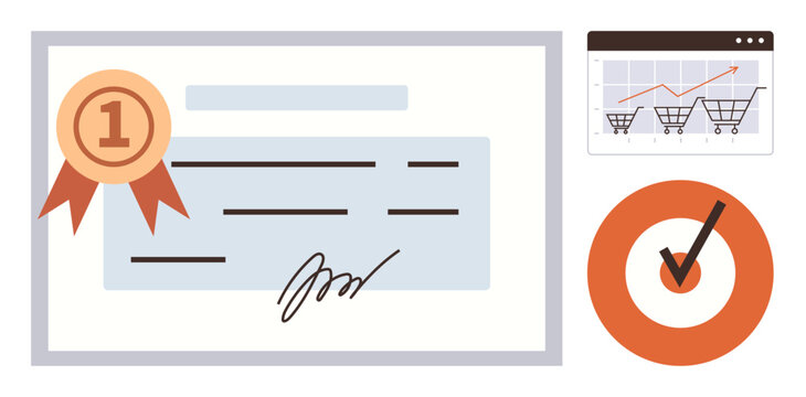 Award certificate with number one badge, graph showing online sales growth, and target with checkmark. Ideal for achievement, success, goals, business growth, certification, performance online - Powered by Adobe