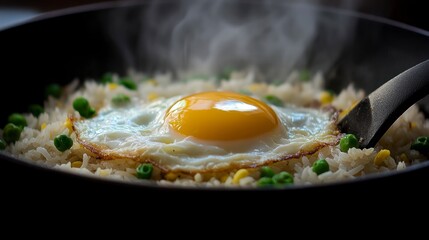Fried rice with egg, steaming hot in a pan
