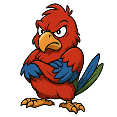Angry Parrot: A vibrant, cartoon illustration of a red parrot, its feathers a rich crimson, stands with a fierce expression, conveying displeasure through a narrowed eye and crossed wing.
