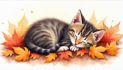 Tabby cat sleeps soundly curled up amongst colorful autumn leaves. Kitten rests peacefully on foliage, enjoying a cozy nap during fall. Cute animal artwork conveys warmth serenity tranquility.