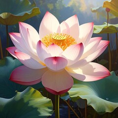 A large, open lotus blossom with pink-tinged petals and a golden center, surrounded by large green leaves
