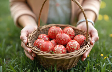 Hands hold wicker basket filled with red patterned Easter eggs on green grass. Closeup view shows painted eggs in spring garden. Festive collection of dyed eggs for holiday.