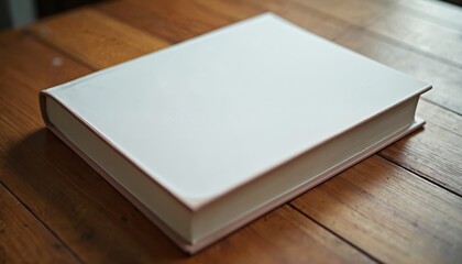 Fototapeta premium Closed hardcover book with blank white cover rests on rustic wooden table. Simple object awaits content, ideal for graphic design, writing, or education themes. Clean surface for copy.