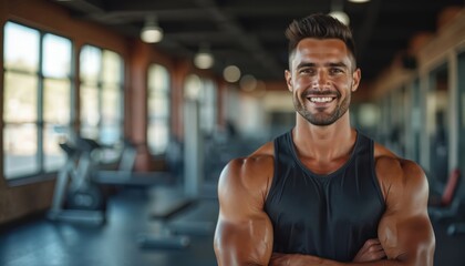 Muscular man in gym smiles confidently at camera. He wears a black tank top. Blurred gym equipment and windows visible in background. Healthy lifestyle concept.