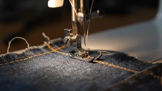 Close-up of a sewing machine needle stitching a seam on denim fabric, creating new garments