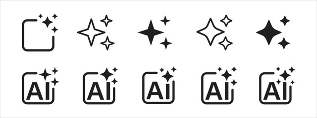 AI spark icon set. Artificial intelligence symbol with sparkle effect. Generative AI magic icons. Smart technology creation sign. Futuristic AI feature icons for app UI UX. © Mutinah