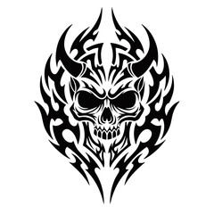 Fototapeta premium Stylized black and white tribal skull design with horns and intricate flame patterns, creating a fierce and demonic aesthetic.