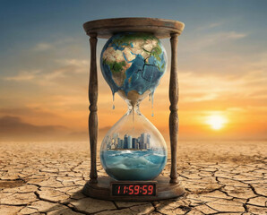 Earth global warming changeecology climate crisis hourglass desert cracked ground melting ice water rising sea level modern city countdown concept illustration Global warming concept