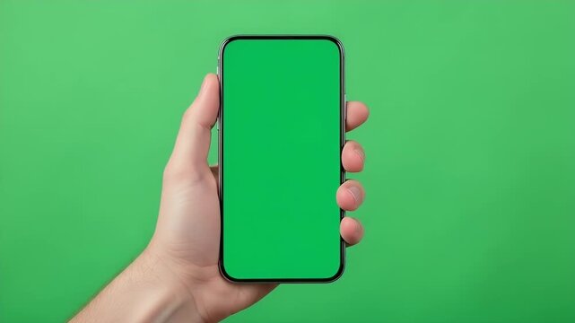 Man holding modern phone with green screen display perfect for app demos and promotional videos with a clean background
