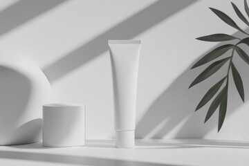 Minimalist skincare tube amidst greenery on white background. AI image