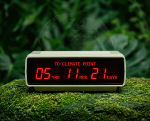 Climate change climate countdown digital clock red number green moss forest nature environmental warning time concept urgent message sustainability concept climate change Global warming concept