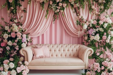 Elegant sofa amidst luxurious floral decor in pastel pink. AI image