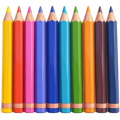 A row of vibrant colored pencils stands upright, displaying a spectrum of hues against a plain white background