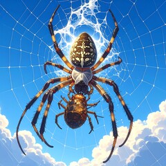 A large spider suspends a smaller insect against a bright blue sky with wispy clouds and a delicate web