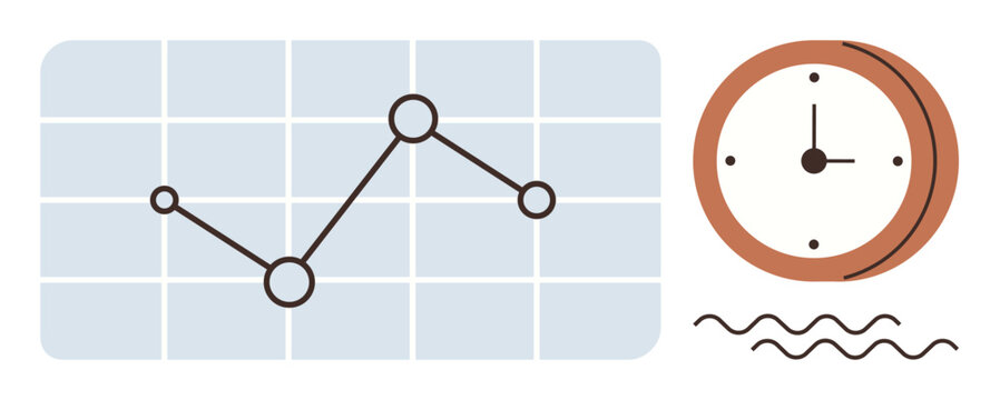 Line graph on a rectangular grid chart and round clock with abstract wave lines representing analysis, growth, and efficiency. Ideal for productivity, time management, research, performance