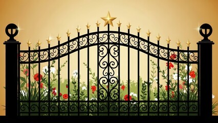 Elegant Wrought Iron Gate with Floral Embellishments and Golden Star Accent.
