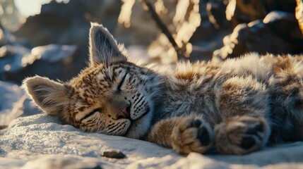 Fototapeta premium Sleepy lynx cub nestled in snowy mountain