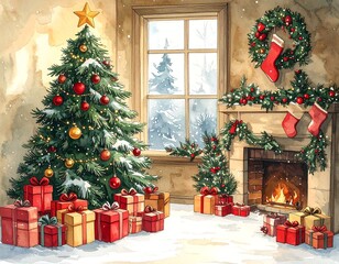 Watercolor depiction of a cozy room decorated for the holidays