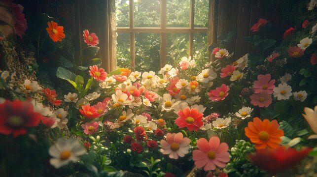Sunlight streams through a window, illuminating a profusion of colorful flowers filling a room