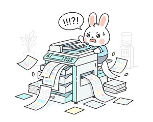 Cute Cartoon Rabbit Struggling with Jammed Printer.