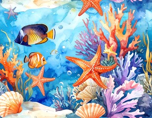 Watercolor depiction of marine life, including coral and fish