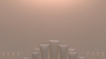 Product display on a minimalistic table with various containers and toothbrushes in a softly lit environment