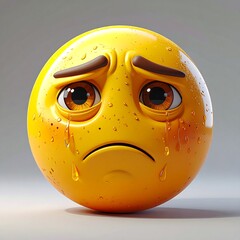 A glossy yellow emoji with a sad expression, including downturned brows and tears, set against a grey background