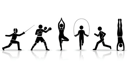 Silhouettes of people exercising in various yoga and martial arts poses in minimalist black and white style for fitness branding