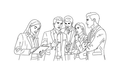 Obraz premium Business team discussion in minimalist line art style with monochrome color scheme on white background for corporate presentation