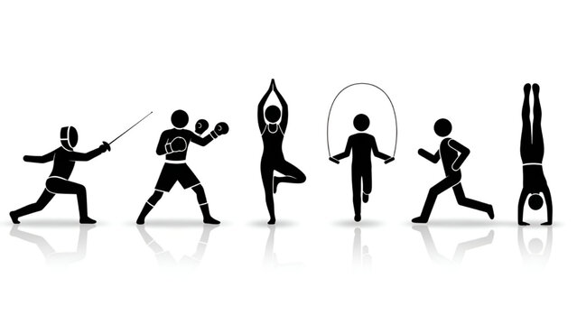 Silhouettes of people exercising in various yoga and martial arts poses in minimalist black and white style for fitness branding - Powered by Adobe
