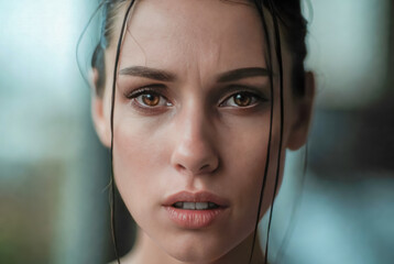 Close-up portrait of a beautiful woman with wet hair and intense brown eyes. Dramatic lighting captures her expressive gaze and cinematic emotion