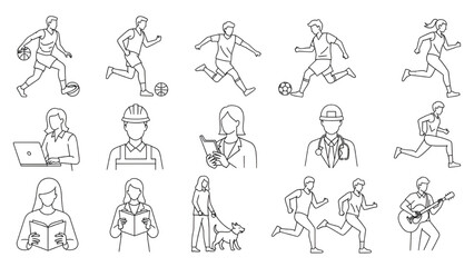 Set of people exercising and relaxing in minimalist line art style with simple shapes and white background for fitness and wellness design