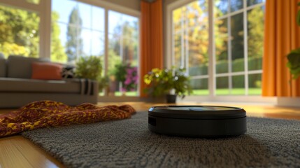 Modern home interior, robotic vacuum on carpet