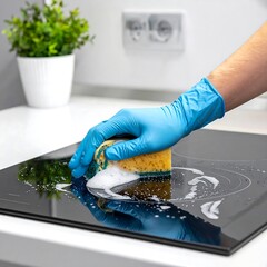 A gloved hand cleans a shiny, black stovetop with a soapy sponge, against a backdrop of a kitchen