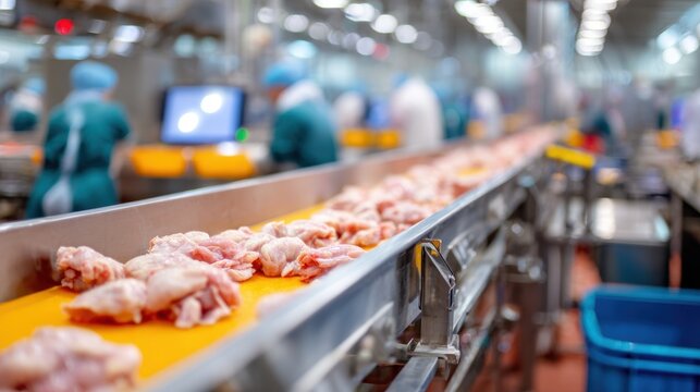 Production line in the food factory.Factory for the production of food from chickens. Industrial equipment at a chicken factory.Automated production line in modern food factory.many People working