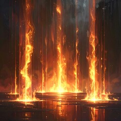 A glowing, fiery energy descends in vertical streams, illuminating a dark chamber with a central, radiant basin