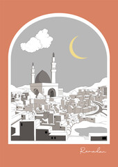 Vector illustration of a big mosque with minarets in an urban landscape or city scape with clouds and a moon crescent in a monotonous colour theme within an arch window frame with sample text.