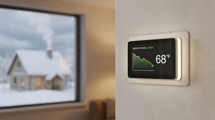 Smart digital thermostat on wall showing 68°F and energy saving graph. Modern home heating control system with winter window view background