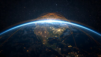 Global network connection covering Earth from space with glowing data lines over North America