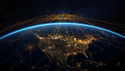 Global network connection covering Earth from space with glowing data lines over North America
