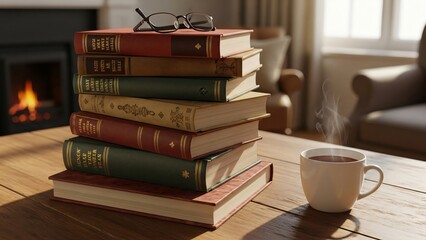 cozy stack of books on a wooden table with soft natural light and warm shadows, inviting reading mood