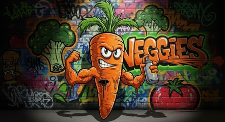 Obraz premium Muscular cartoon carrot character sprays graffiti art featuring other produce on a brick wall