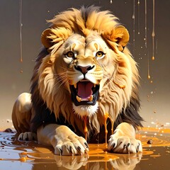A lion roars in a shallow, reflective golden liquid. The lion's fur appears wet with the same shiny substance